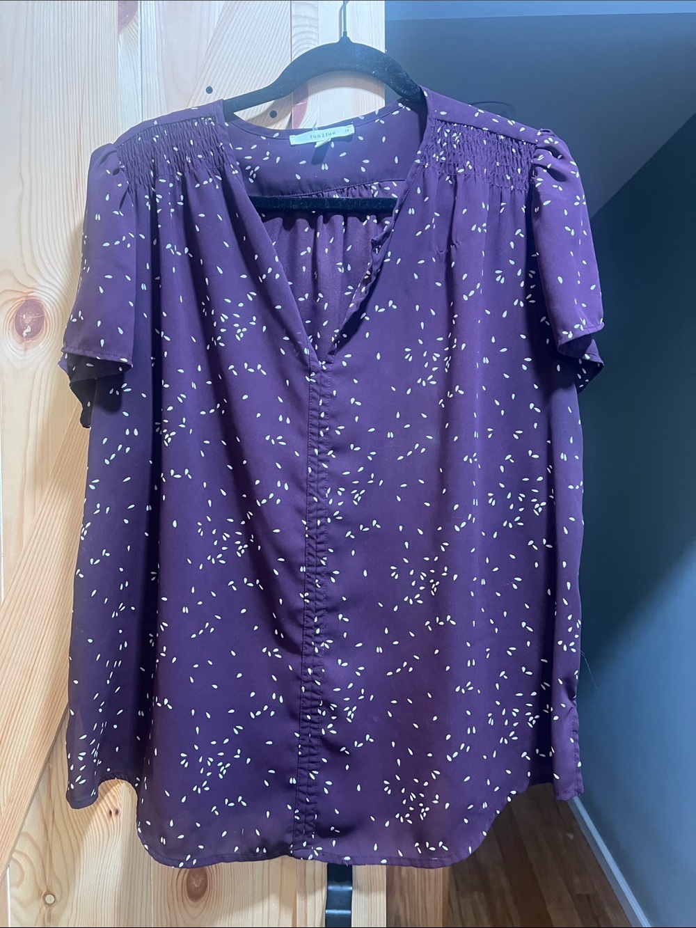 Fun to Fun  V-Neck Short Sleeve Top in Deep Purple size 1x